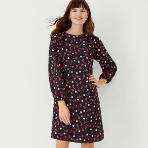 Ann Taylor Cherry Print Shift Dress Navy Blue Red Elastic Cuffed Puff Sleeves SM